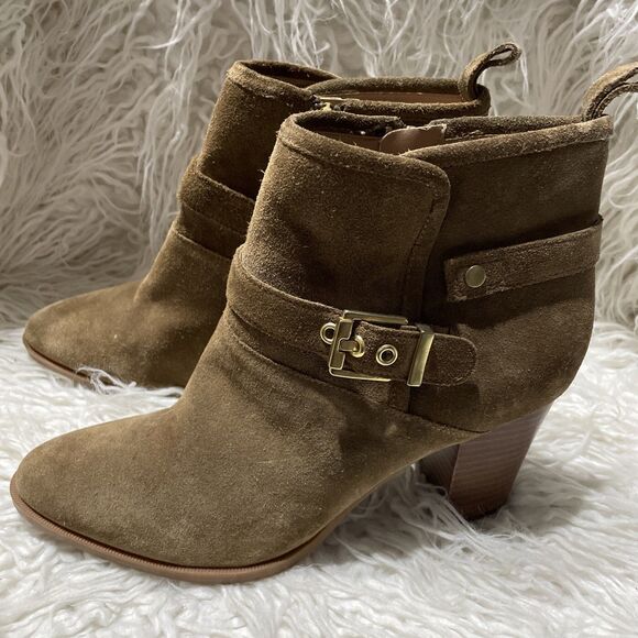 Franco Sarto Boots Womens 9 M Dorinda Ankle Bootie Brown Leather Heels Zip Strap - Picture 1 of 7